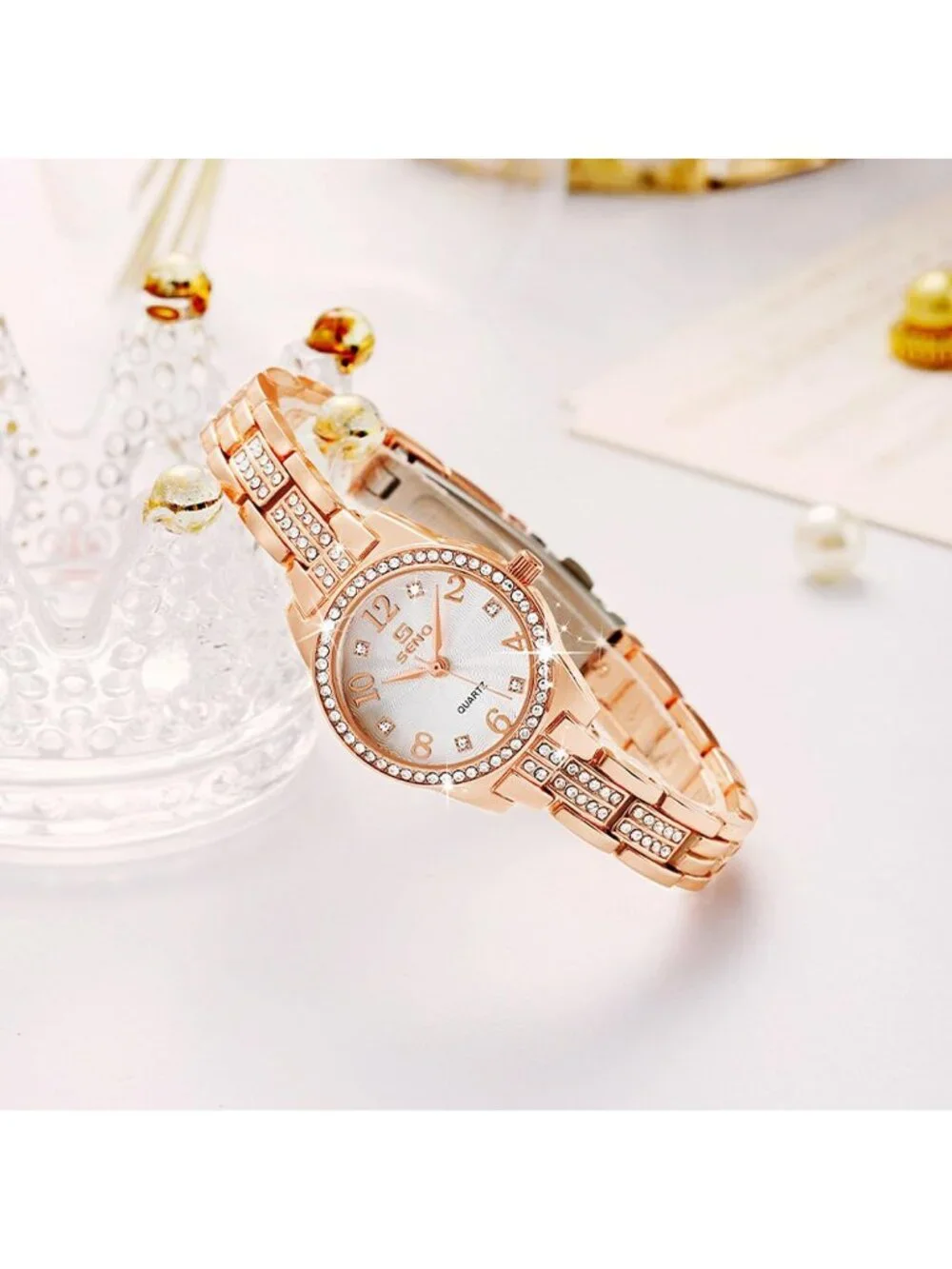 Women's Rose Gold Shinny Round Dial Crystal Bracelet Waterproof Wrist Watch